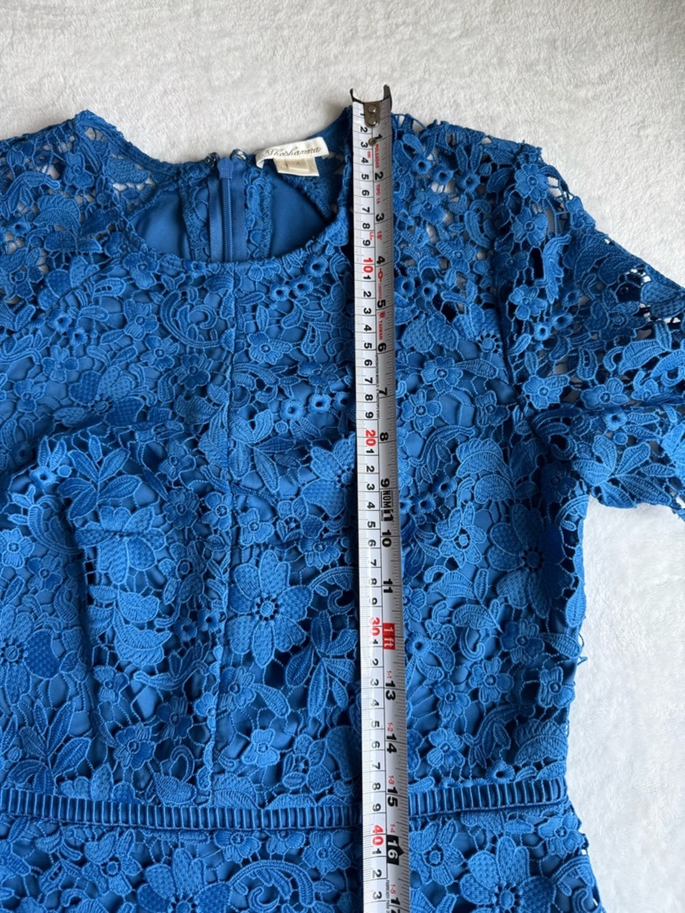 Shoshanna Blue Lace Midi Dress Size 0 Floral Crochet Fitted Ruffle Hem - Picture 13 of 15